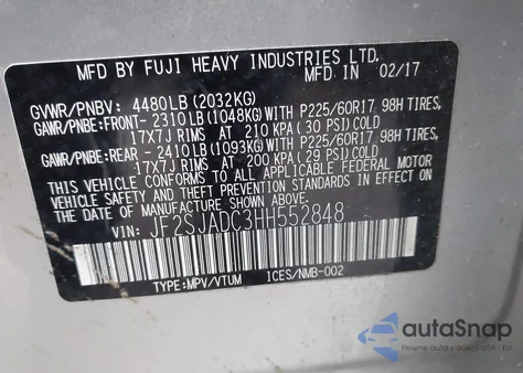 2017 Subaru Forester 2.5I Premium z USA, uszkodzony, nr VIN JF2SJADC3HH552848